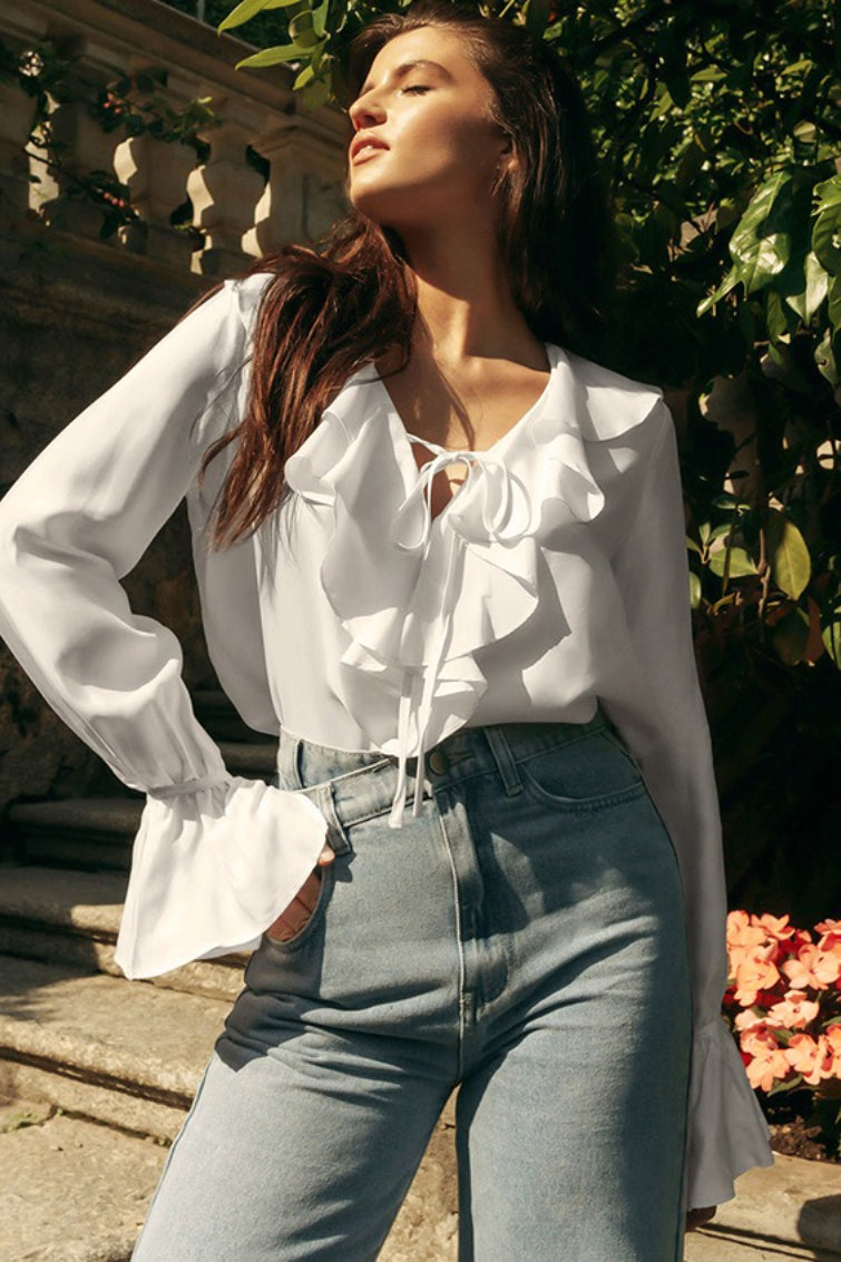 Ruffle Trim V Neck Blouse