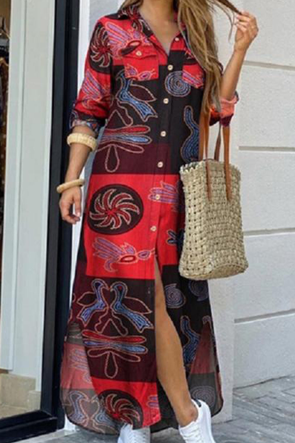 Printed Single Breasted Long Dress - Fashionpara