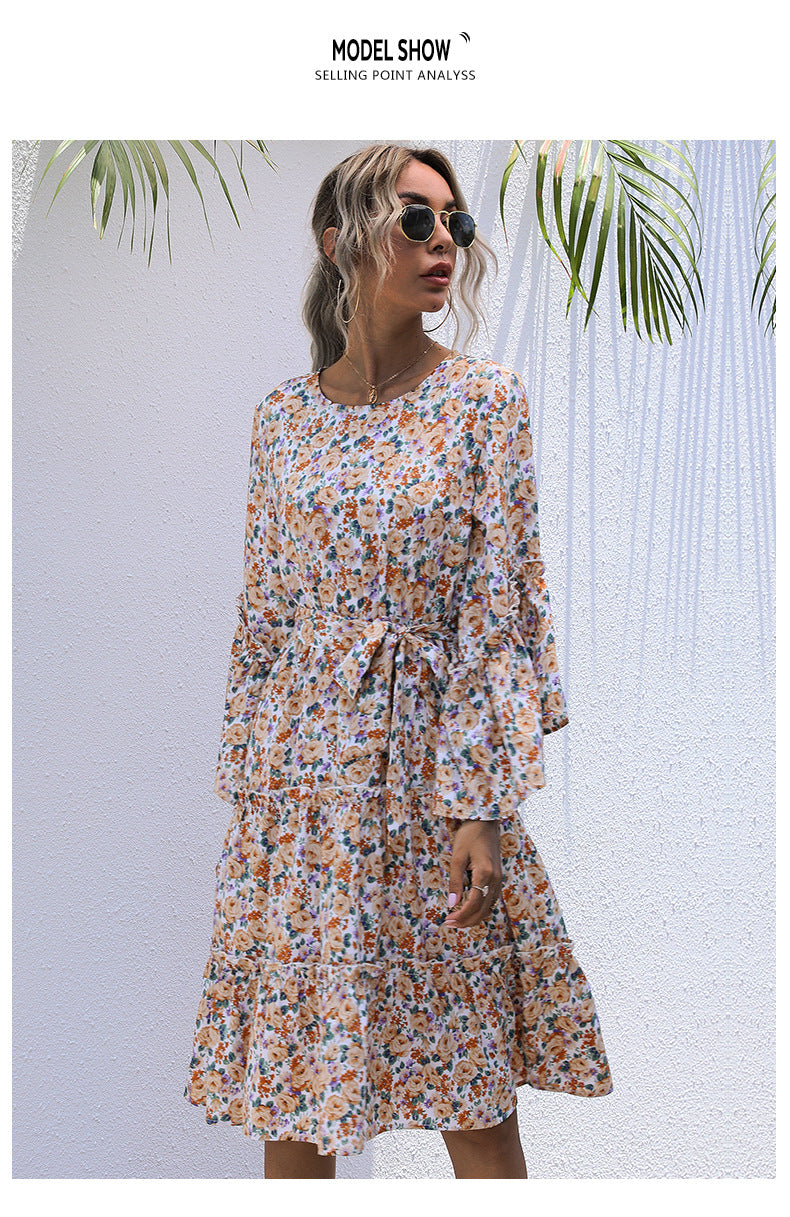 Floral Print Long Sleeve Tiered Midi Dress