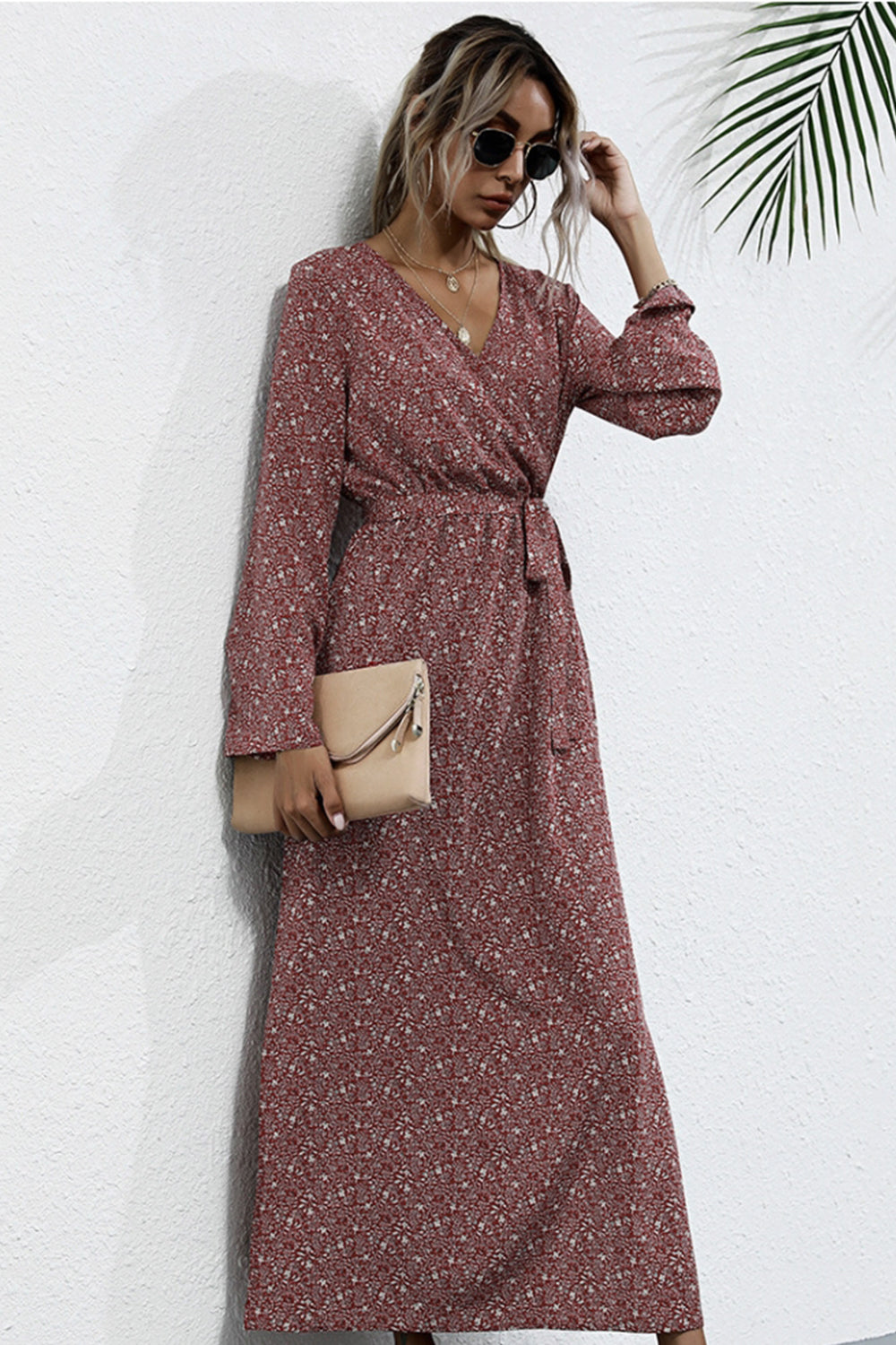 Printed Slim Slit Long Sleeve Dress - Fashionpara