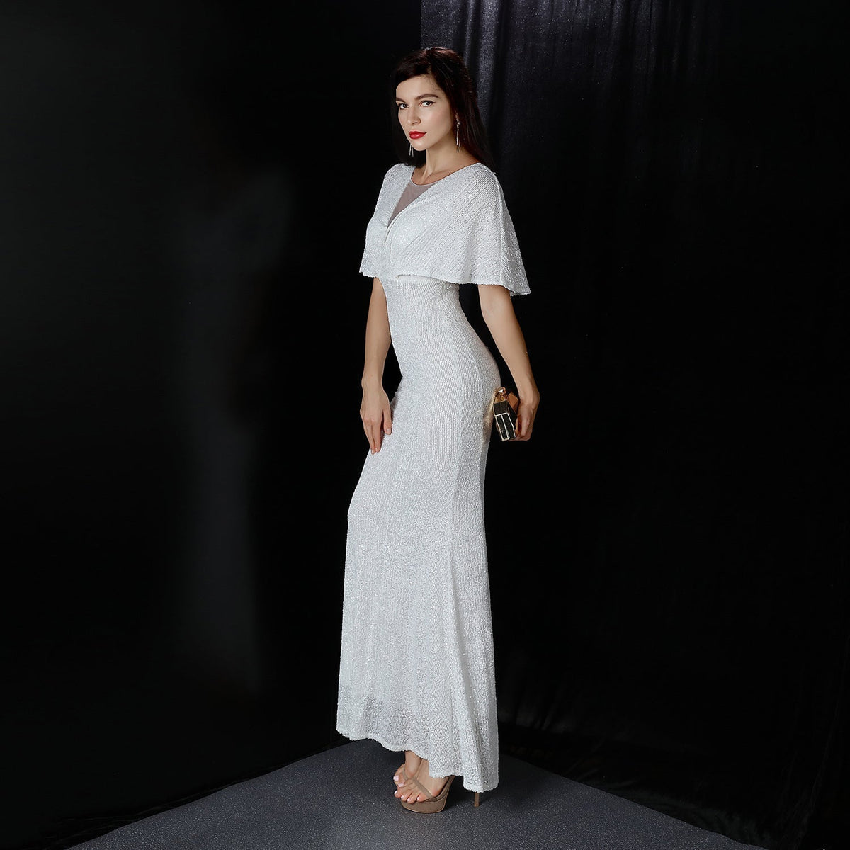 Sequin V-Neck Flutter Sleeve Mermaid Gown