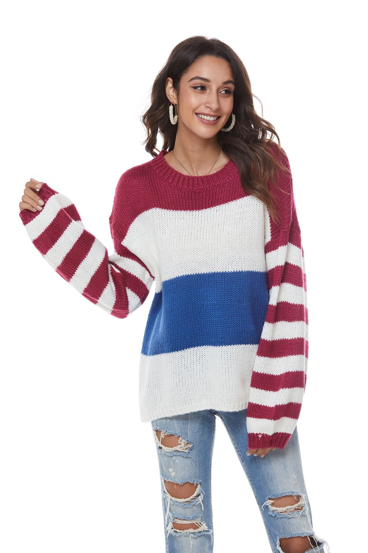 RadyRin Patchwork Round Collar Sweater in Large Size