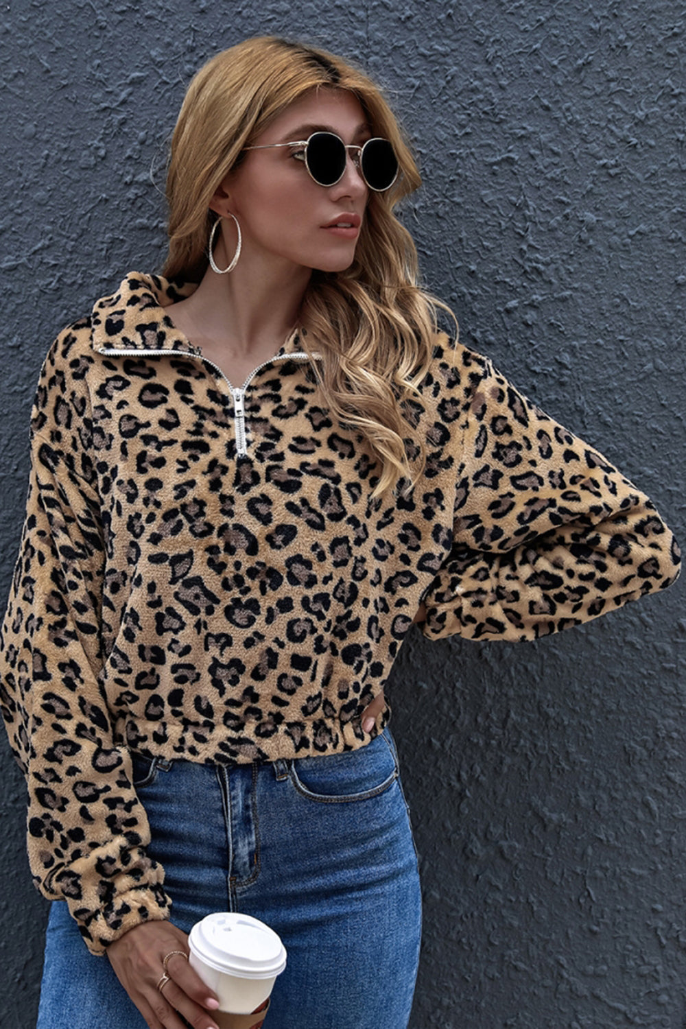 Leopard Print Lapel Zipper Fleece Pullover