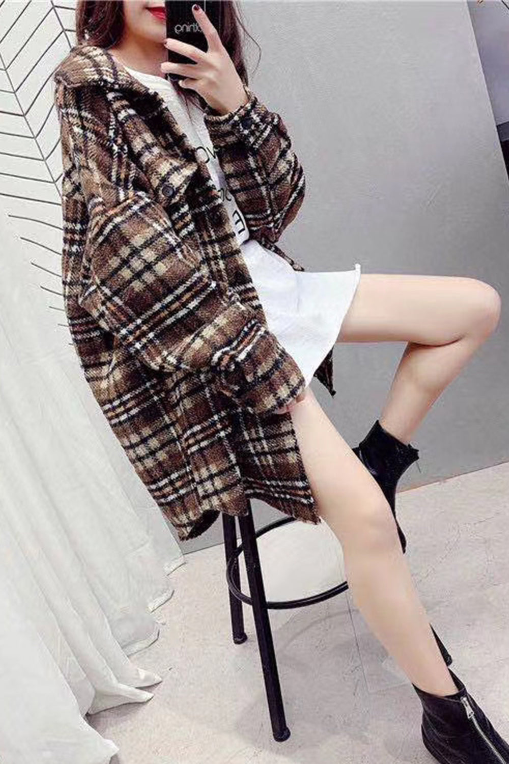RadyRin Vintage Plaid Fleece Coat for Stylish Warmth