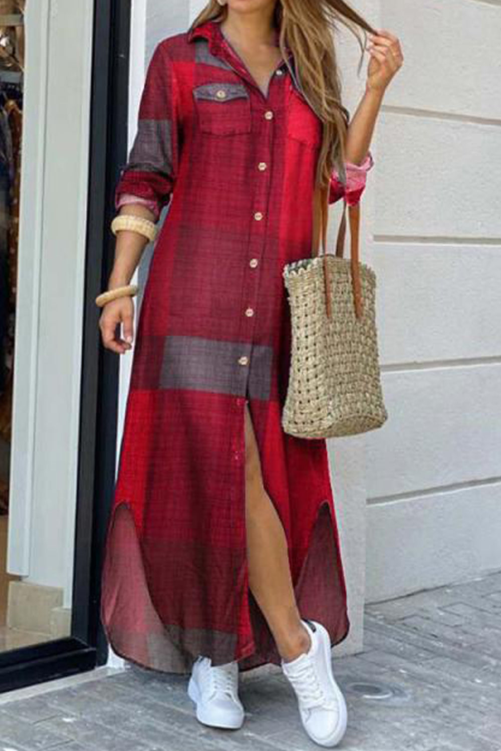 Printed Single Breasted Long Dress - Fashionpara