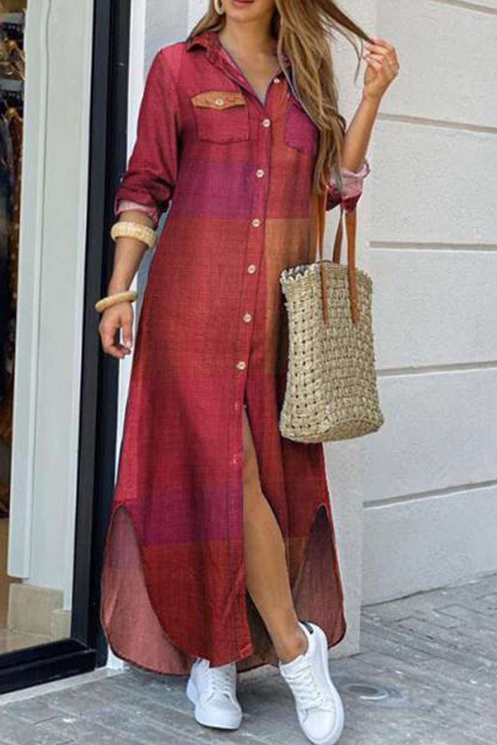 Printed Single Breasted Long Dress - Fashionpara