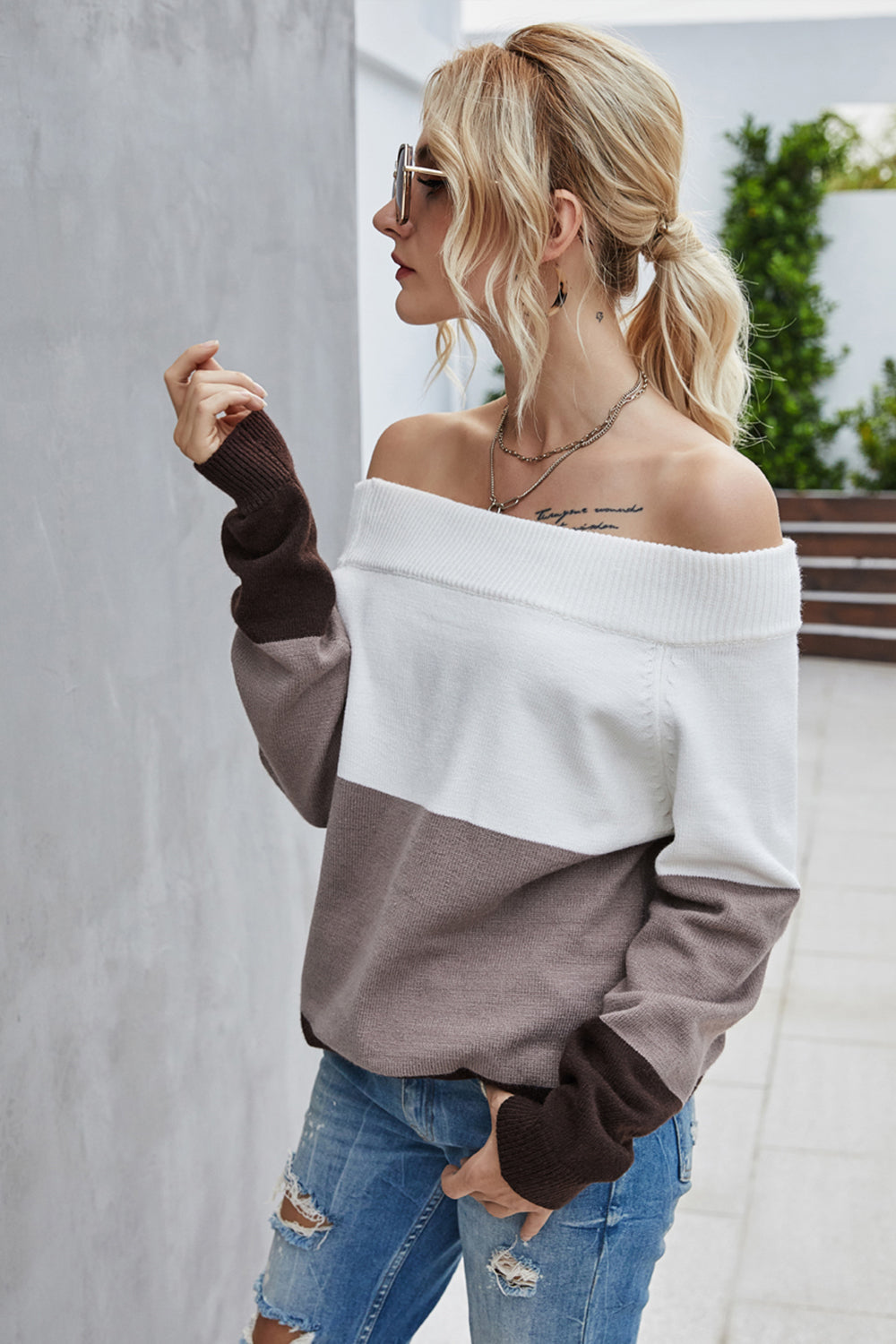 RadyRin Off The Shoulder Color Block Sweater for Style