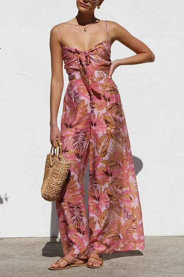 Botanical Print Strappy Resort Style Wide-leg Pants Jumpsuit - Fashionpara