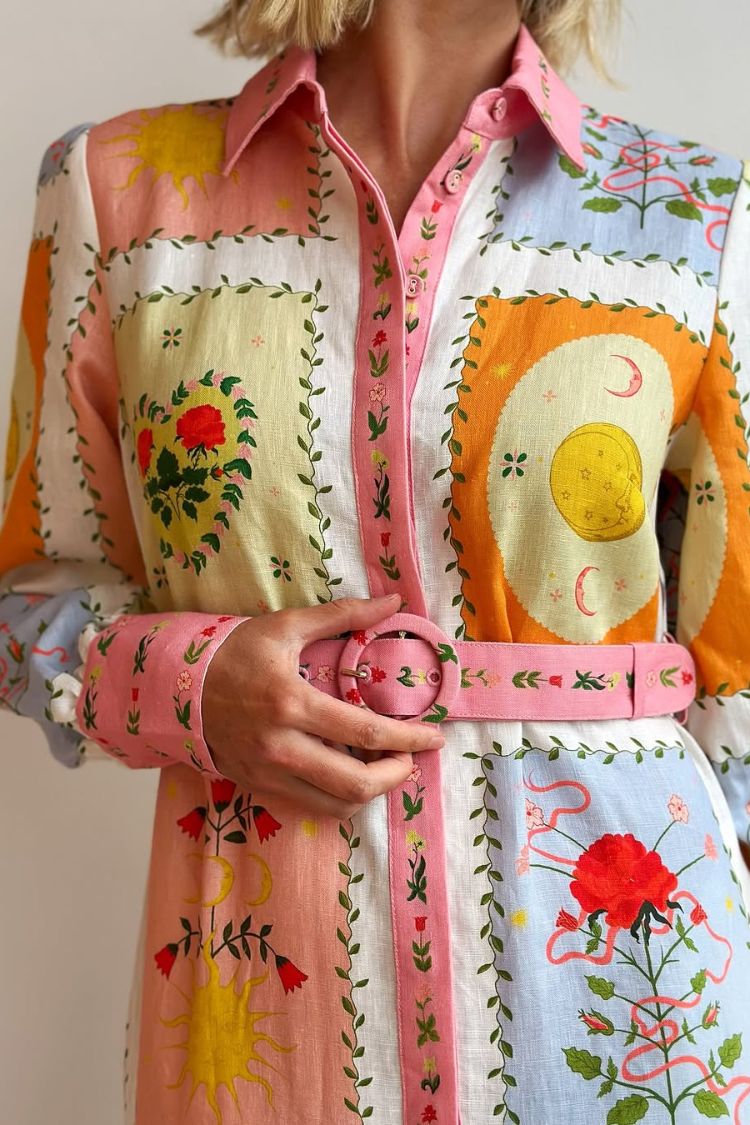 Lily Song Linen Blend Unique Print Short Sleeve Tie-up Shirt Maxi Dress - Fashionpara