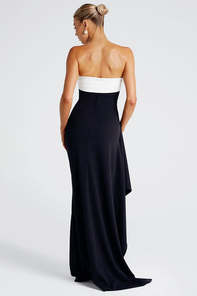 Contrast-Band Strapless High-Slit Column Maxi Gown