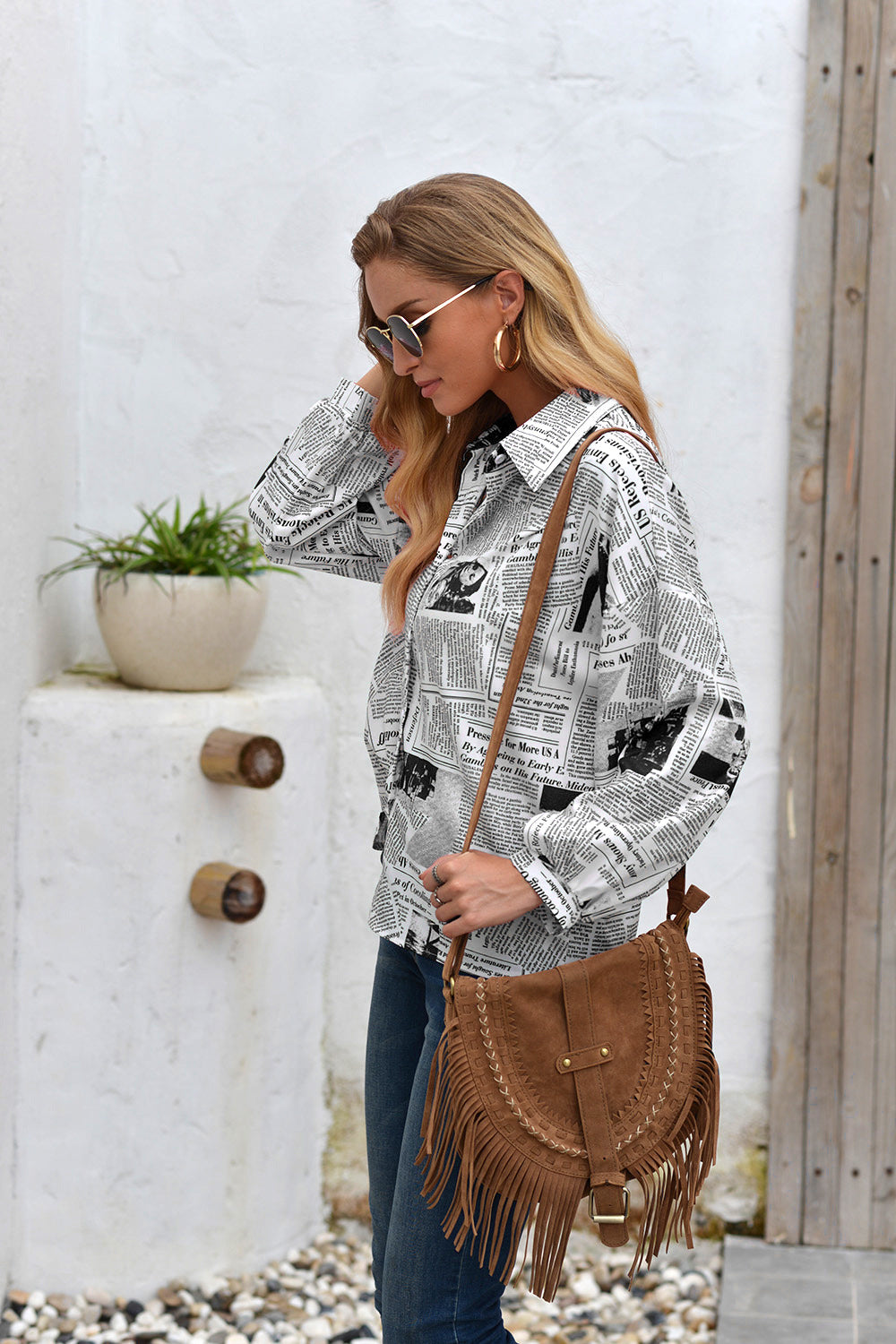 Letter Printed Long-Sleeved Button Shirt