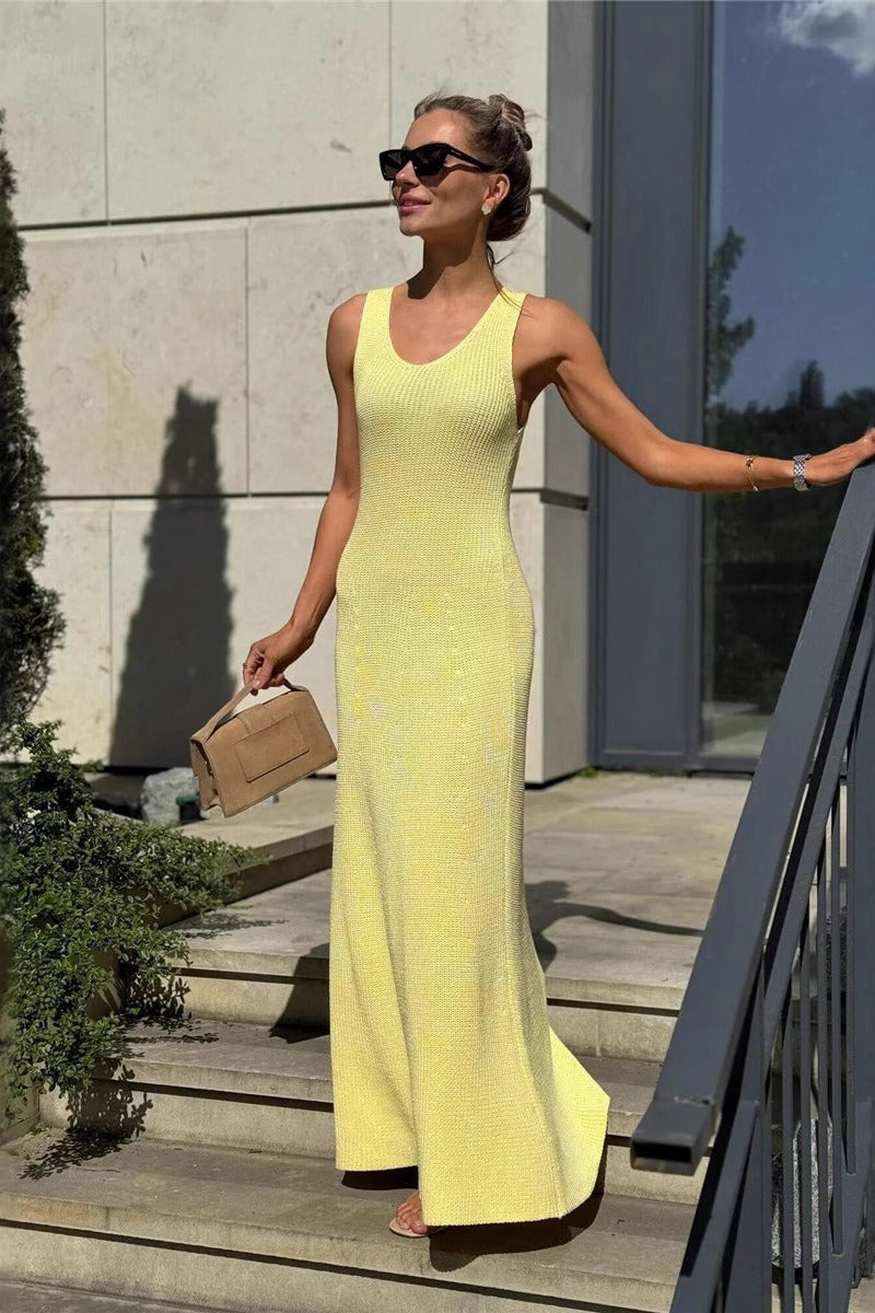Solid Color Street Style Sleeveless Maxi Knit Elegant Summer Sweater Dress