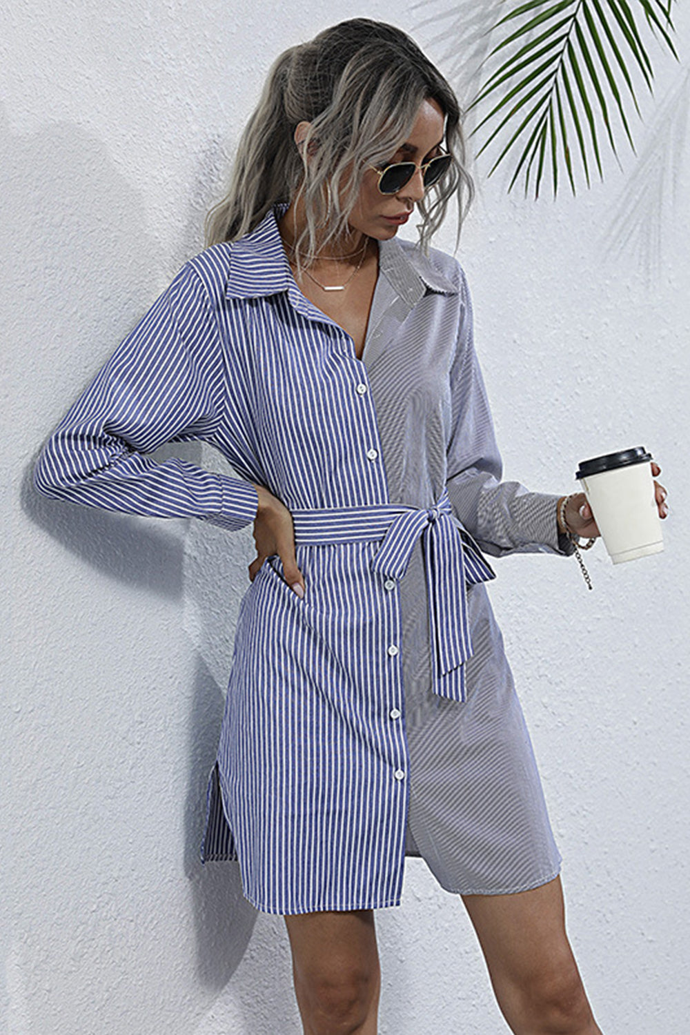RadyRin Lace Up Slim Striped Cardigan Dress for Elegance
