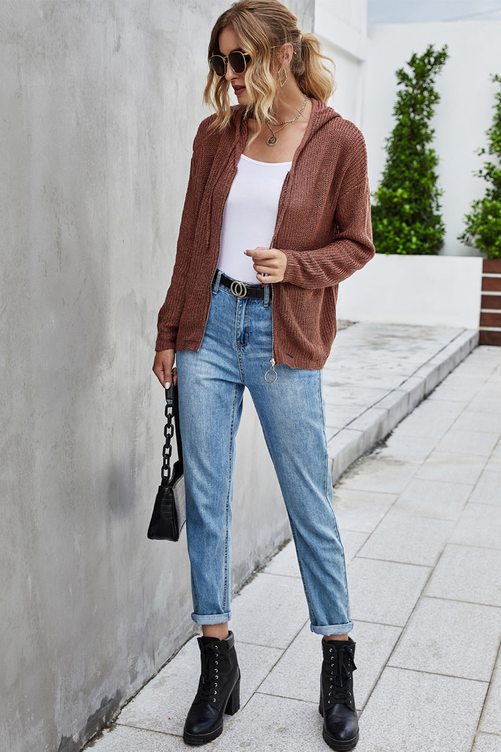 RadyRin Women's Knitted Open Front Hooded Sweater