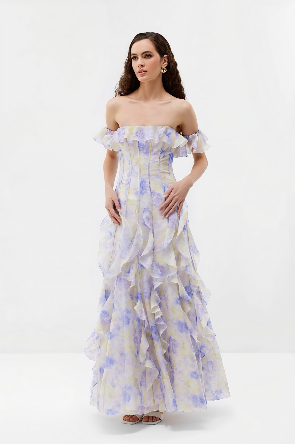 Watercolour Print Off Shoulder Ruffle Maxi Gown 3
