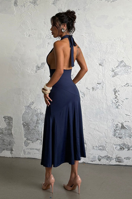 Halter Neck Plunge Ruched Mermaid Maxi Dress