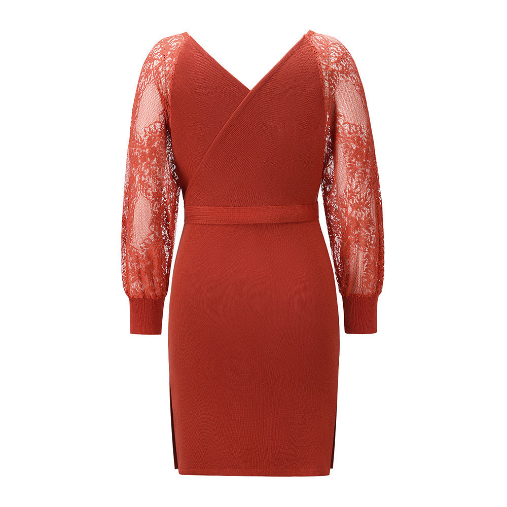 Knit V-Neck Long Sleeve Lace Belted Bodycon Mini Dress
