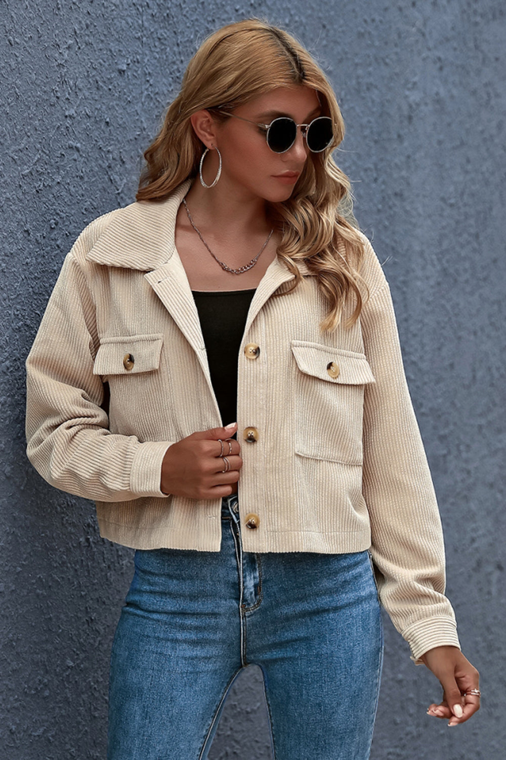 Corduroy Solid Color Button Pocket Shirt