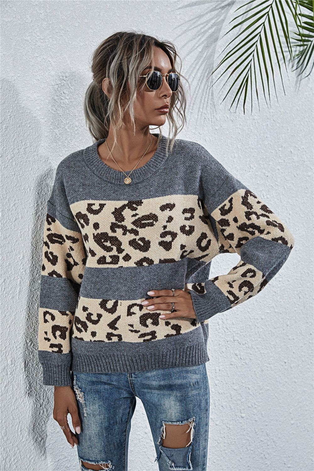RadyRin Stylish Leopard Print Crew Neck Sweater for Comfort