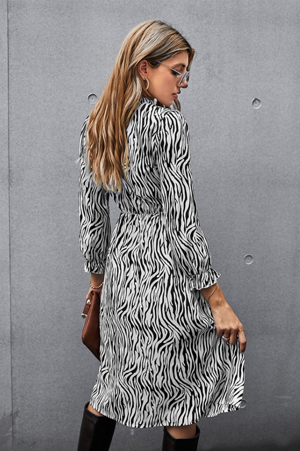 V-neck Print Waist Dress - Fashionpara