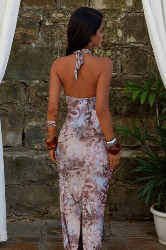 Printed Halter Strap Backless Maxi Dress