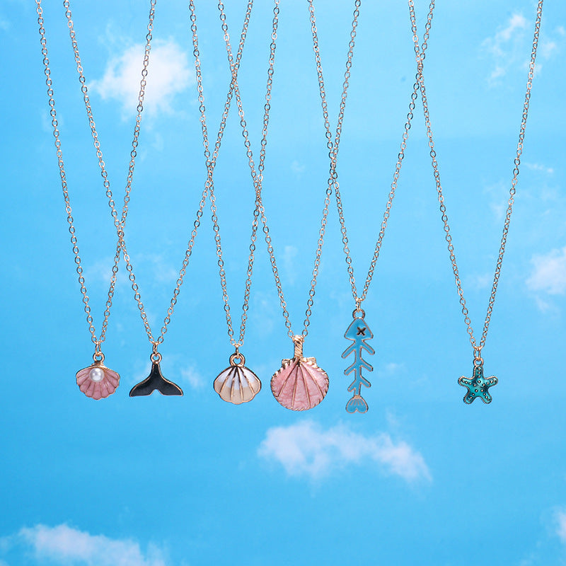 Pearl Shell Starfish Tail Fish Bone Pendant Necklace Set