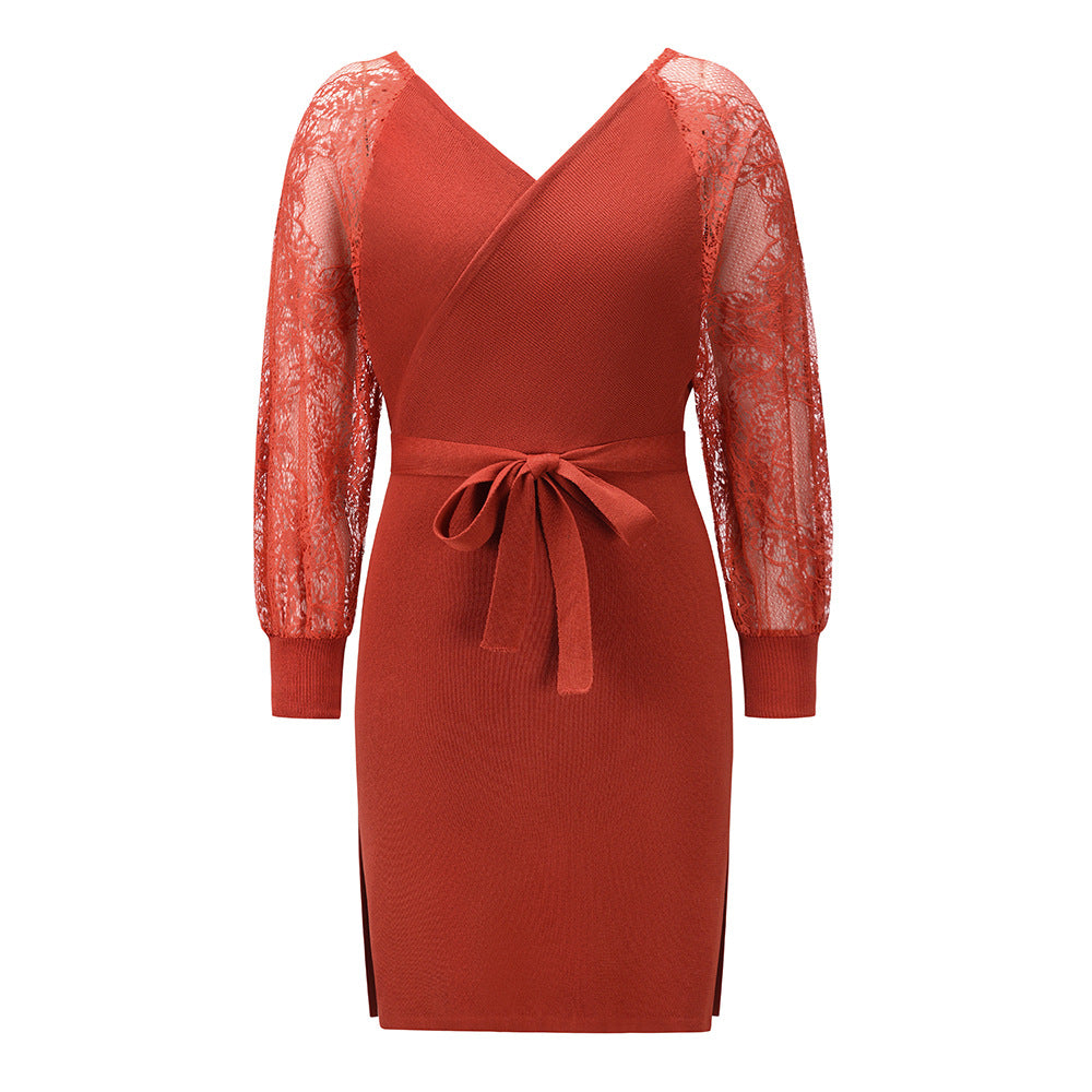 Knit V-Neck Long Sleeve Lace Belted Bodycon Mini Dress