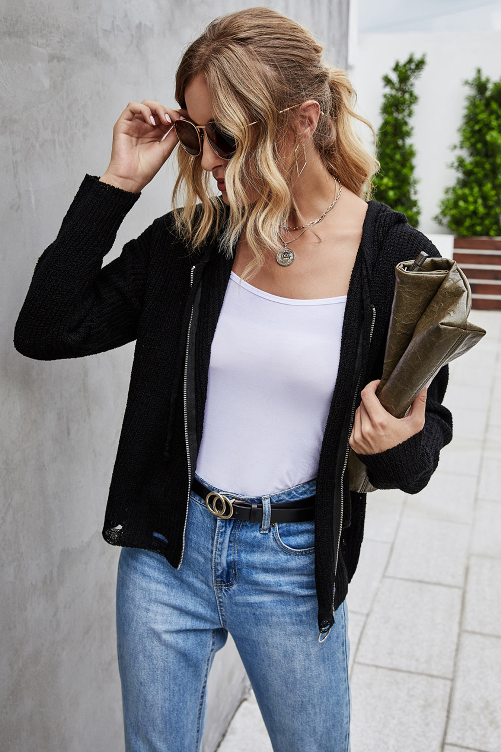 RadyRin Women's Knitted Open Front Hooded Sweater