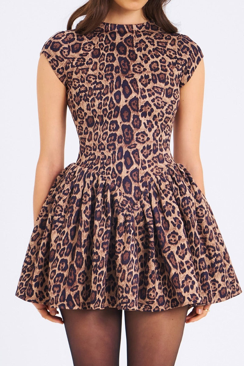 Animal Print Crew Neck Cap Sleeve Dropped Waist Mini Party Dress - View 3
