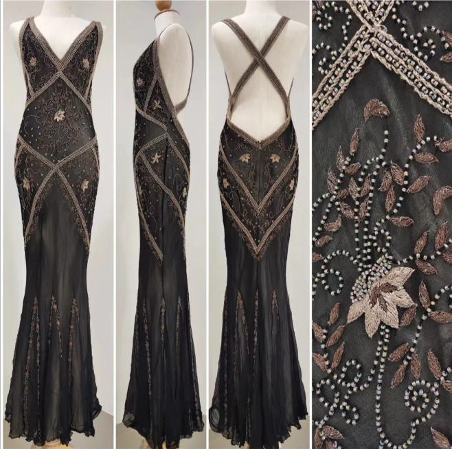 Vintage Black Mermaid V-Neck Backless Beaded Embroidered Chiffon Long Prom Dress Evening Dress P4215
