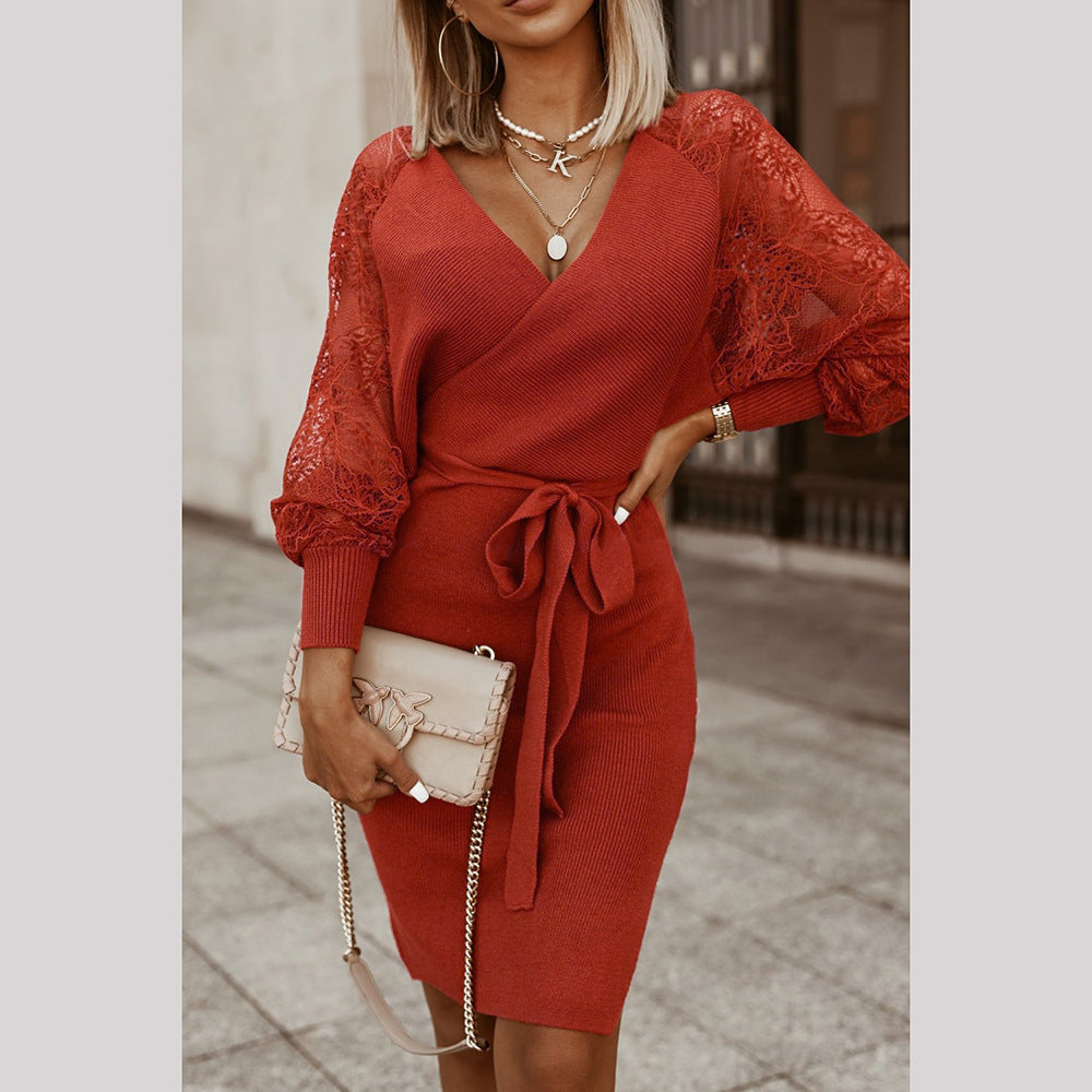 Knit V-Neck Long Sleeve Lace Belted Bodycon Mini Dress