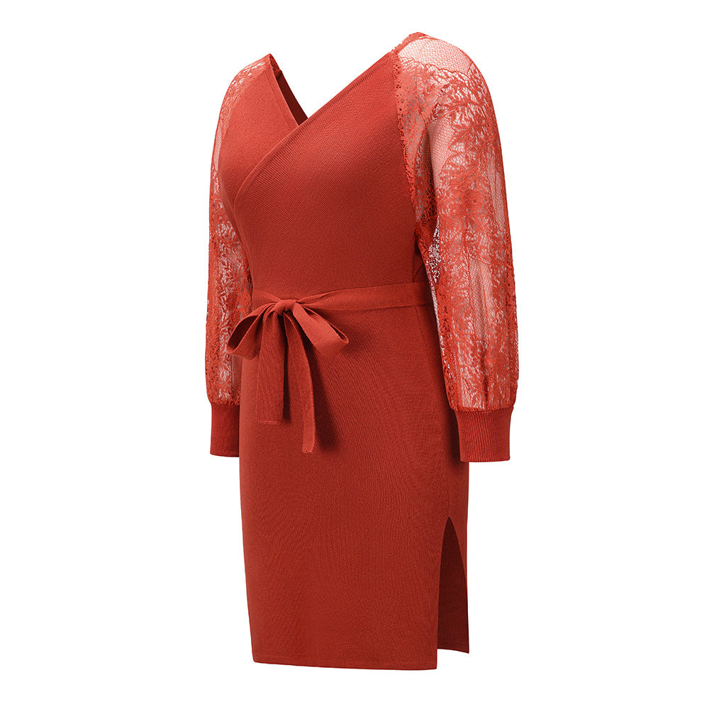 Knit V-Neck Long Sleeve Lace Belted Bodycon Mini Dress