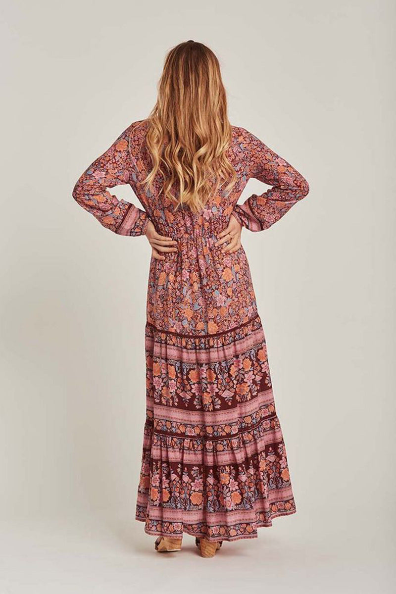 Floral Print V-Neck Long Sleeve Button Front Tiered Maxi Dress