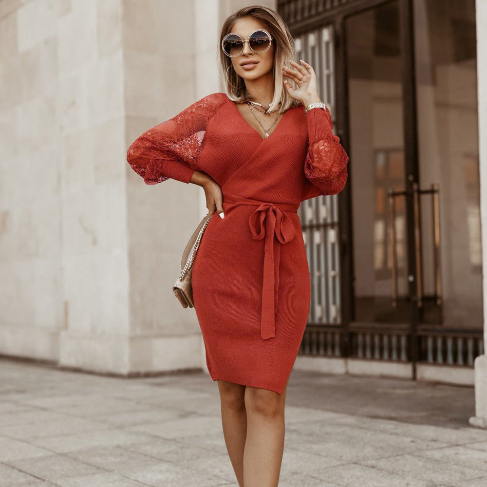 Knit V-Neck Long Sleeve Lace Belted Bodycon Mini Dress