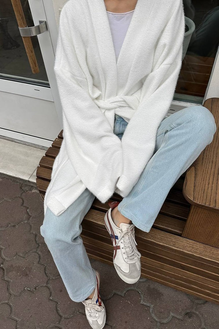 Elegant Wool Blend Midi Coat with Tie-Waist Detail