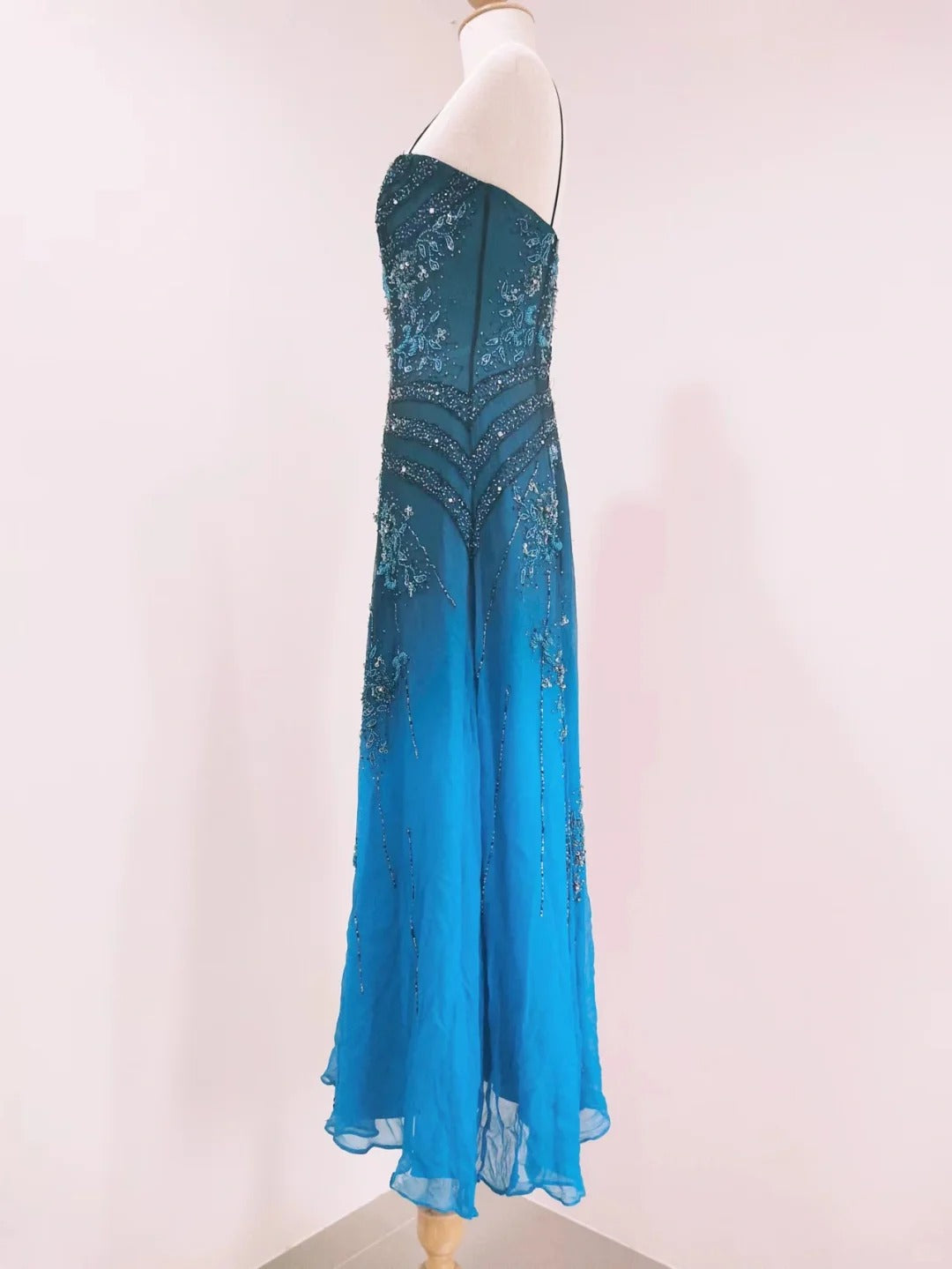 Vintage Blue A-line Thin Strap Beaded Chiffon Long Prom Dress Evening Dress P4216
