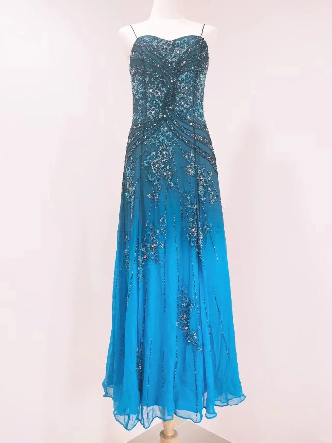 Vintage Blue A-line Thin Strap Beaded Chiffon Long Prom Dress Evening Dress P4216