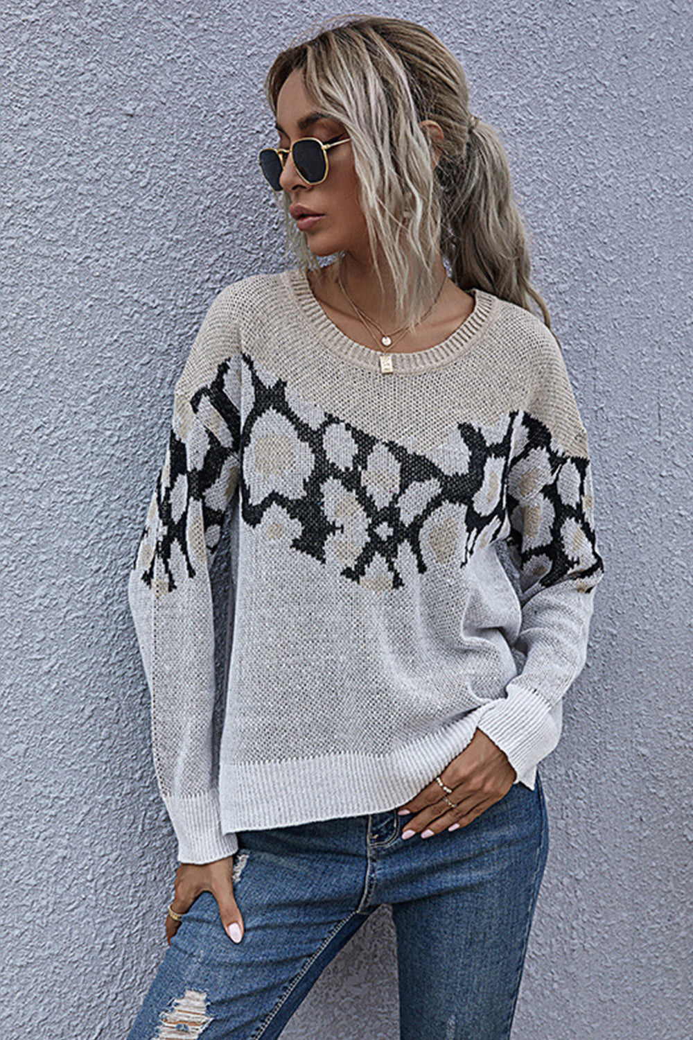 Printed Stitching Knitted Loose Top