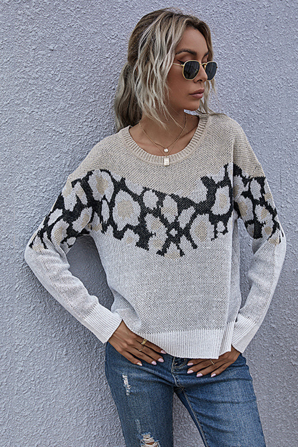 Printed Stitching Knitted Loose Top