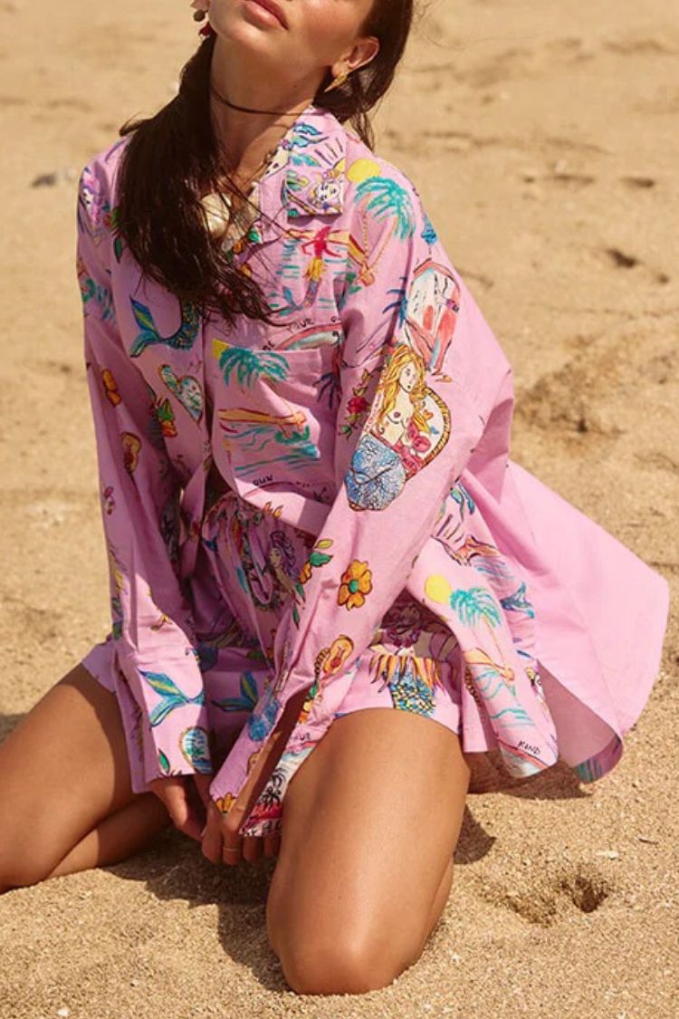 Mermaid Whispers Linen Blend Unique Print Short Sleeve Oversized Blouse - Fashionpara