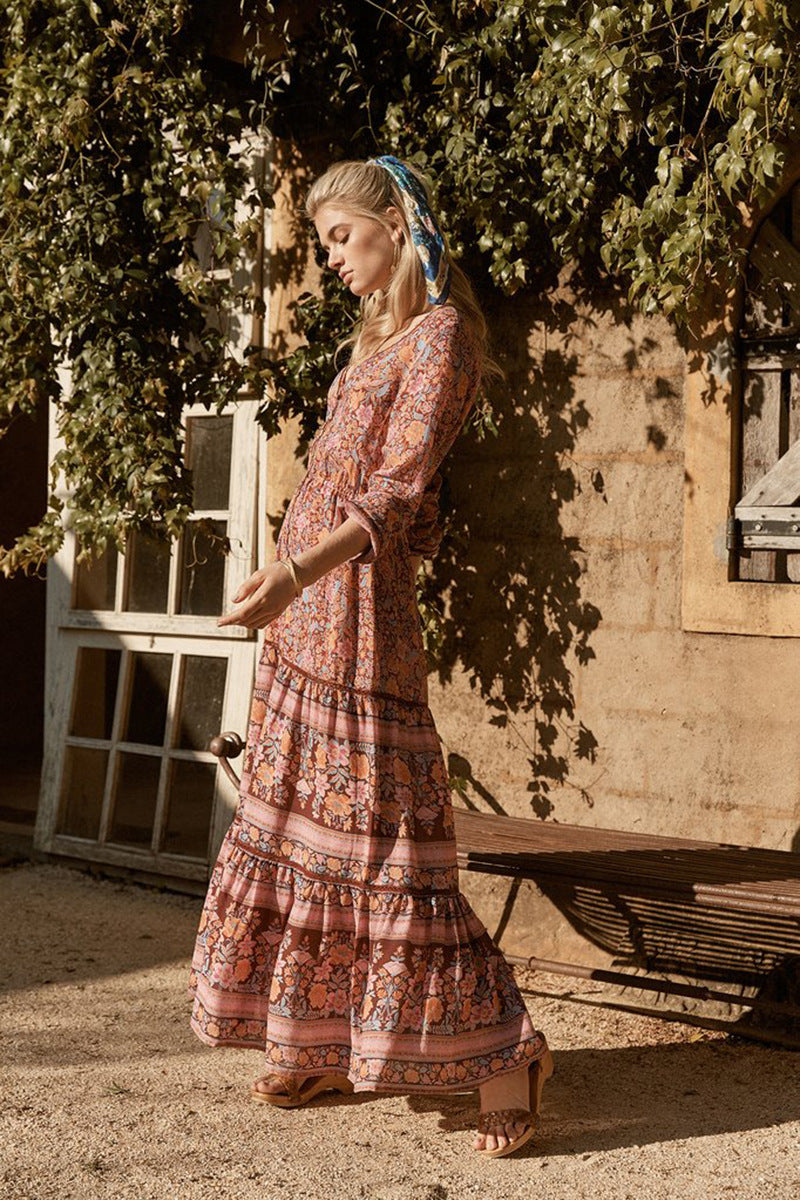 Floral Print V-Neck Long Sleeve Button Front Tiered Maxi Dress