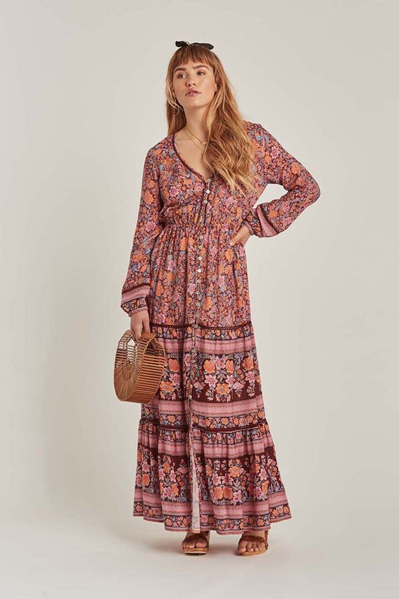 Floral Print V-Neck Long Sleeve Button Front Tiered Maxi Dress