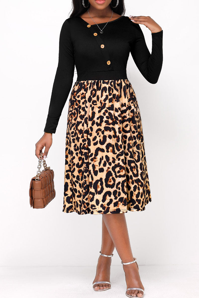 Sexy Print Leopard Patchwork Asymmetrical Collar A Line Dresses  Fashionpara