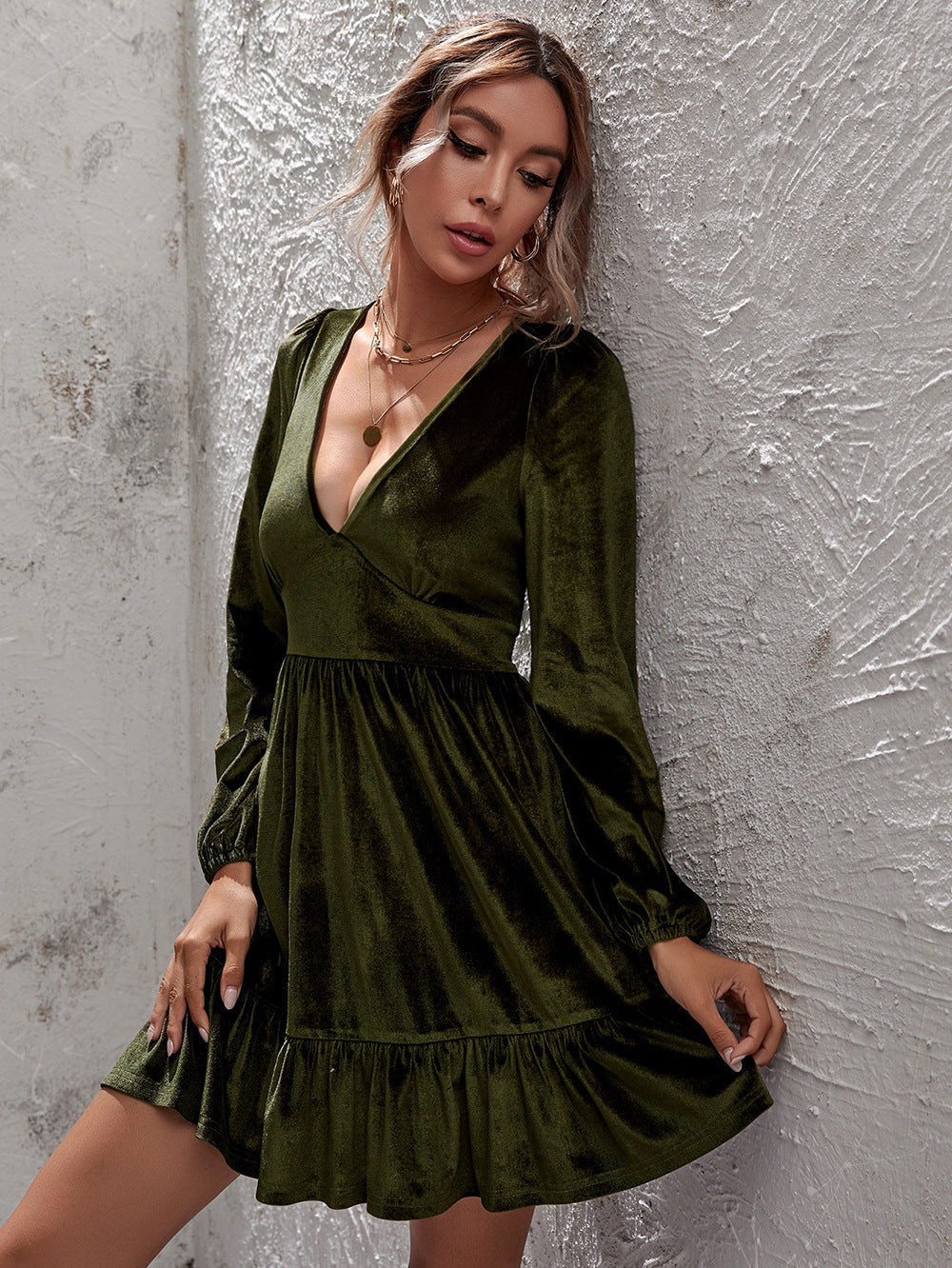 Velvet Deep V-Neck Puff Sleeve Ruffle Hem Mini Dress - View 8
