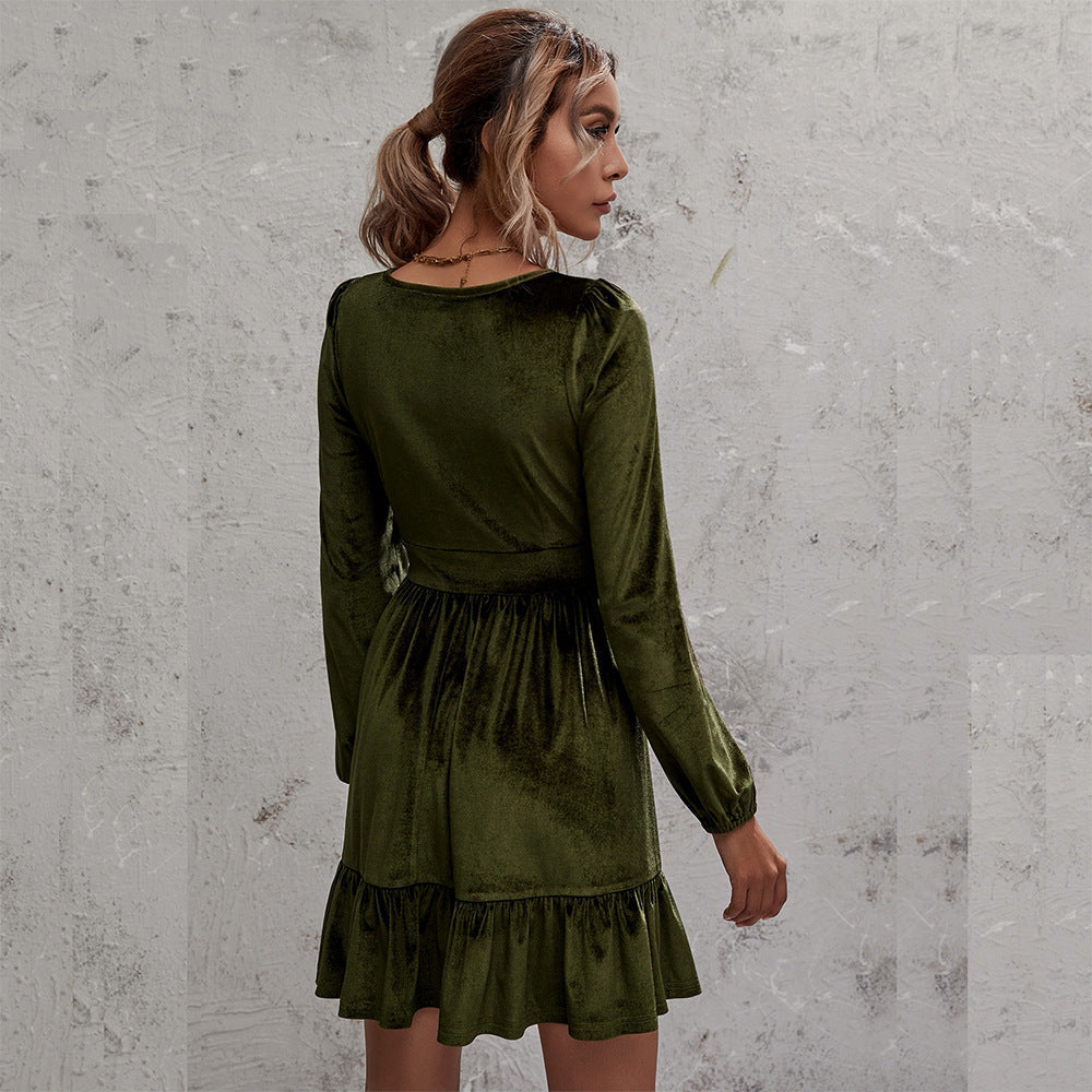 Velvet Deep V-Neck Puff Sleeve Ruffle Hem Mini Dress - View 9