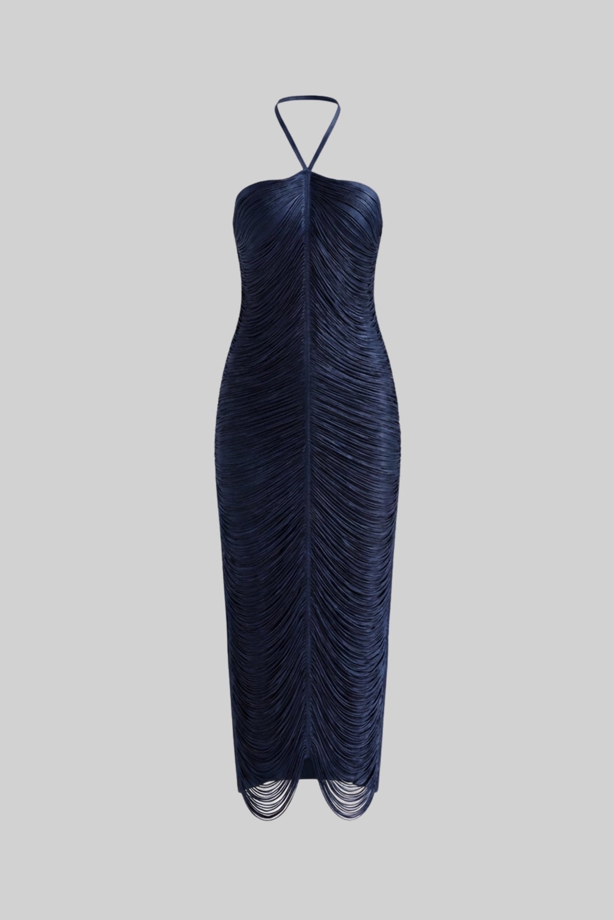 Halter Neck Midi Dress With All-Over Pleated Texture - Blue - View 2