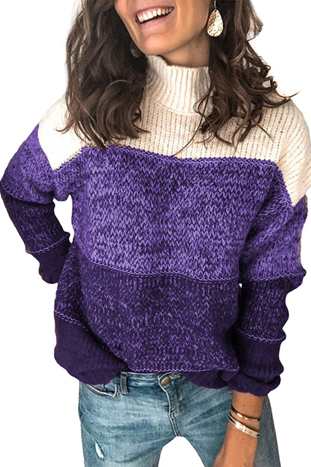 RadyRin High-Collar Knitted Sweater with Contrast Stitching