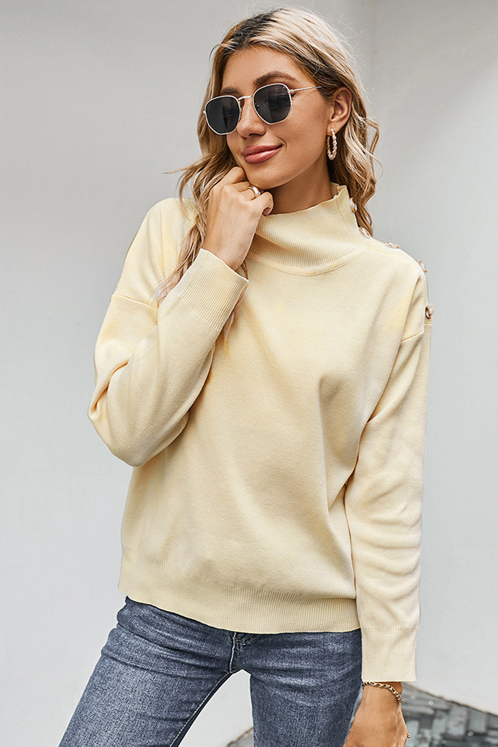 RadyRin High Collar Button-Up Solid Color Sweater for Style