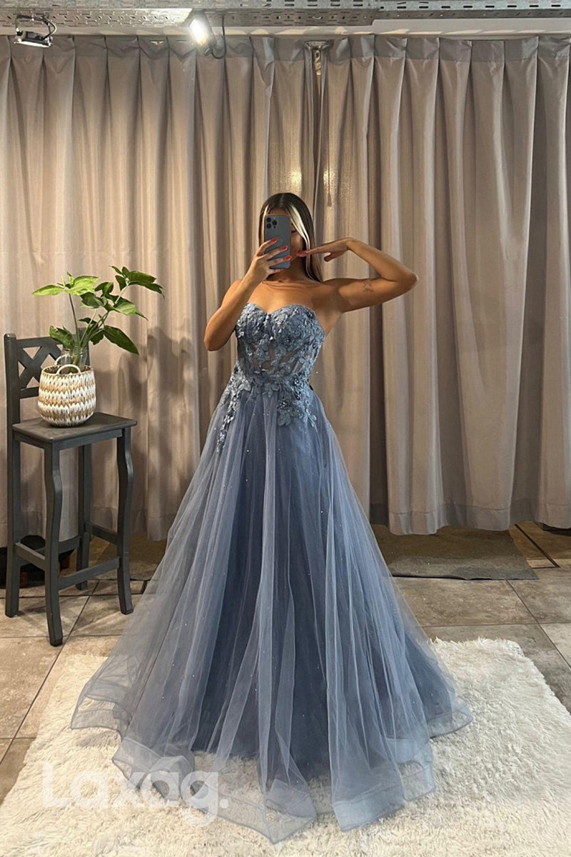 21739 - Sweetheart Appliques Beaded Tulle Long Prom Dress