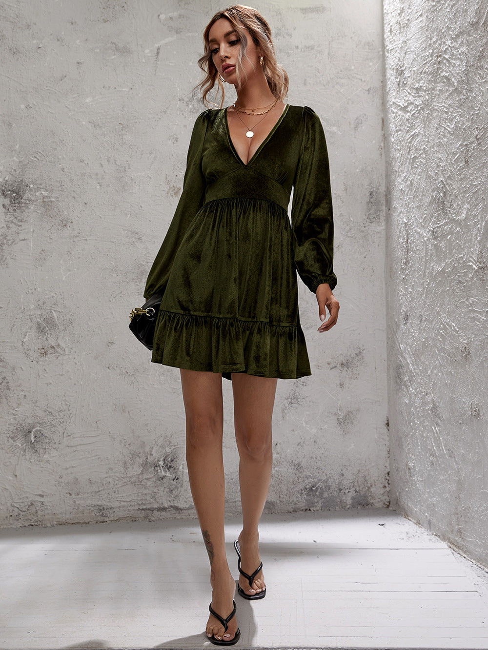 Velvet Deep V-Neck Puff Sleeve Ruffle Hem Mini Dress - View 10
